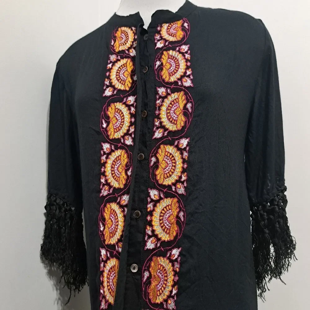 Tigerlily Embroidered Button Down Fringe Cardigan Cruise Dress Small Black